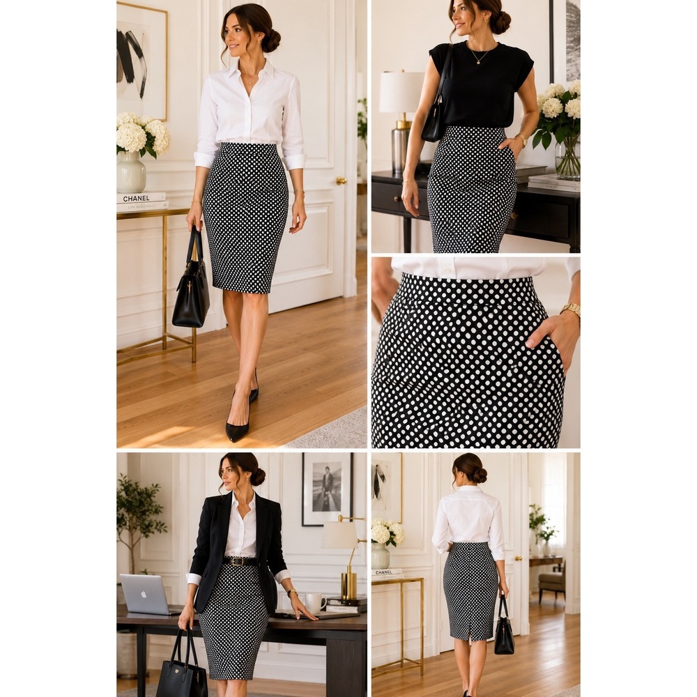 Boutique Essentials Pencil Skirt Womens L Black White Polka Dot Stretch